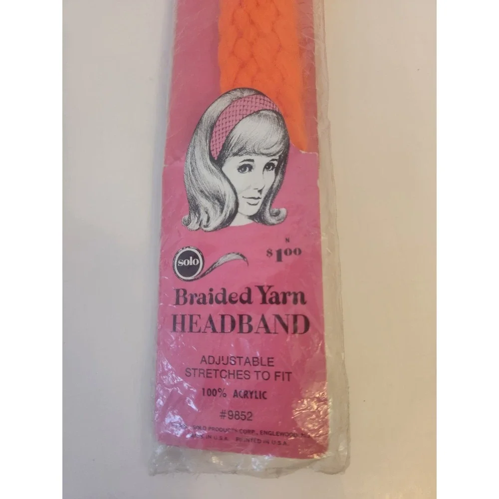 NOS Vtg 60s Solo Braided Yarn Headband Mod Hot Orange Braid Hair Accessory 1969